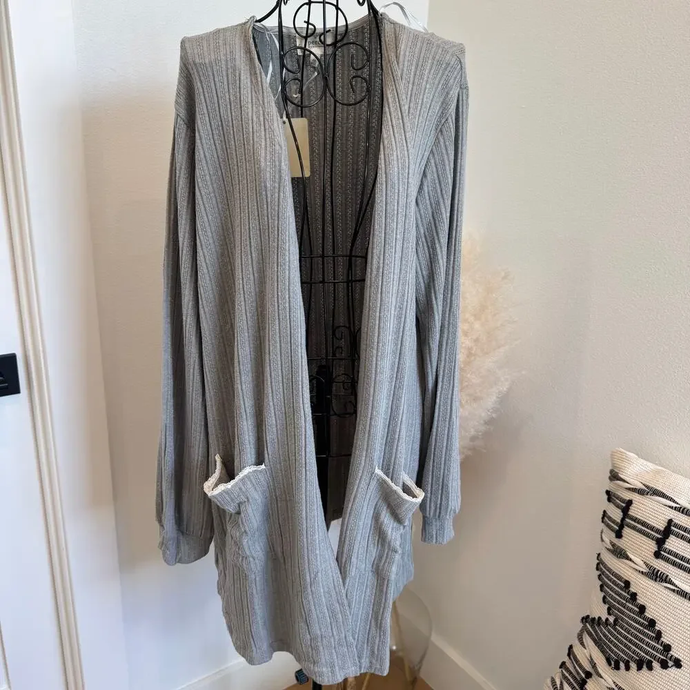 Anthropologie x Perch Gray Ribbed Knit Loungewear Cardigan Lace Pockets NWT